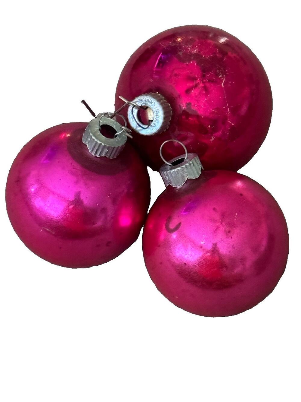 3 Vtg Shiny Brite Glass Round Christmas Ornaments Solid Hot PINK Mercury Glass